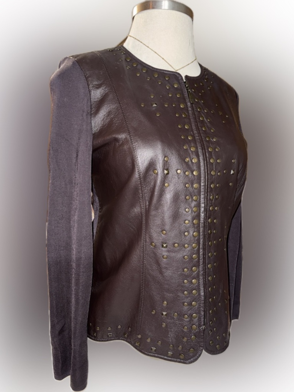 Peter‎ Nygard Dark Brown Leather Studded Jacket with Knit Sleeves